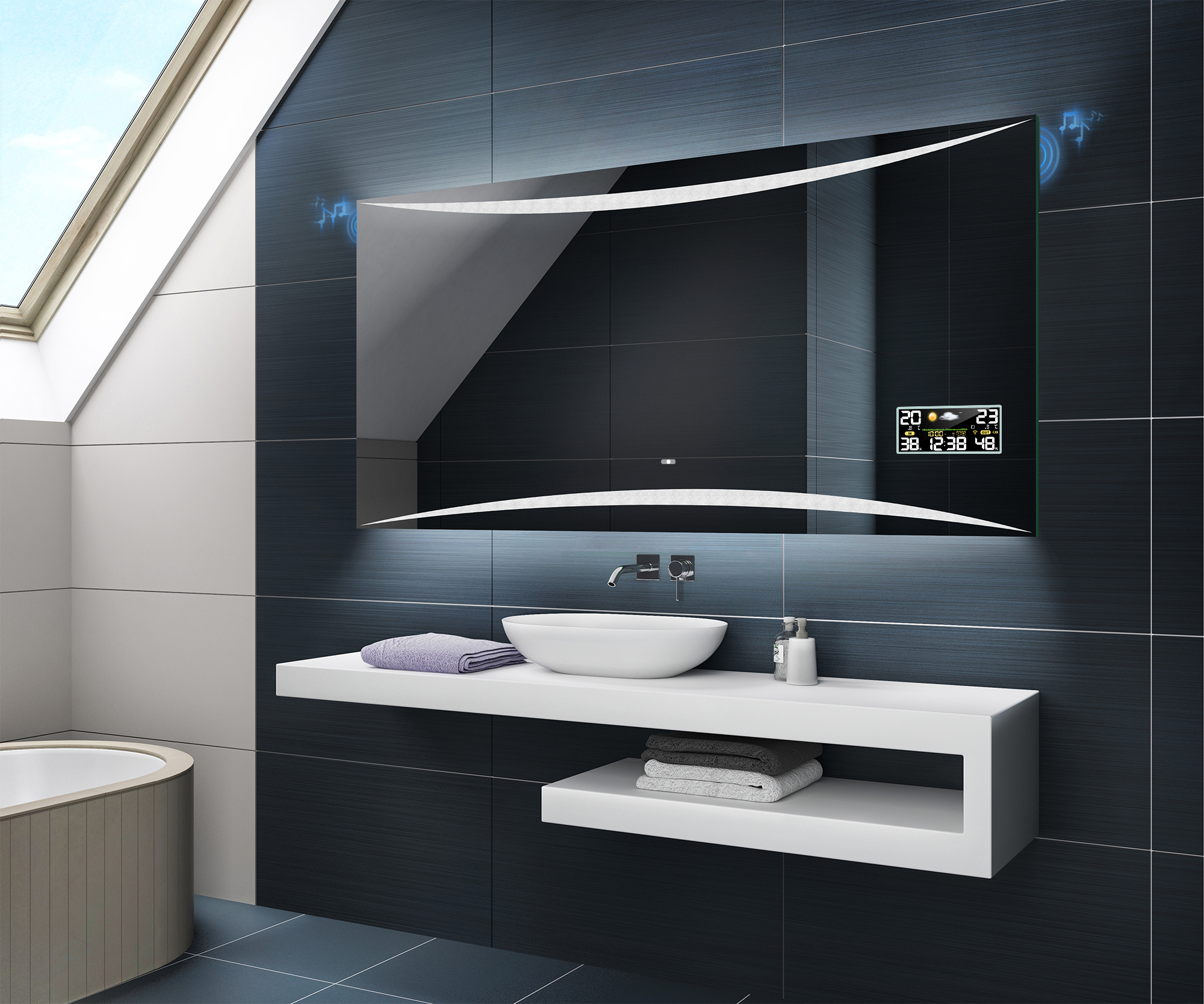 Badspiegel mit LED Beleuchtung SCHALTER WETTERSTATION LED UHR LAUTSPRECHER L78 | eBay